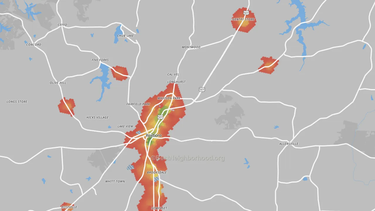 Walk Grade map of 27574, NC, walkable areas in green and car-dependent areas in red