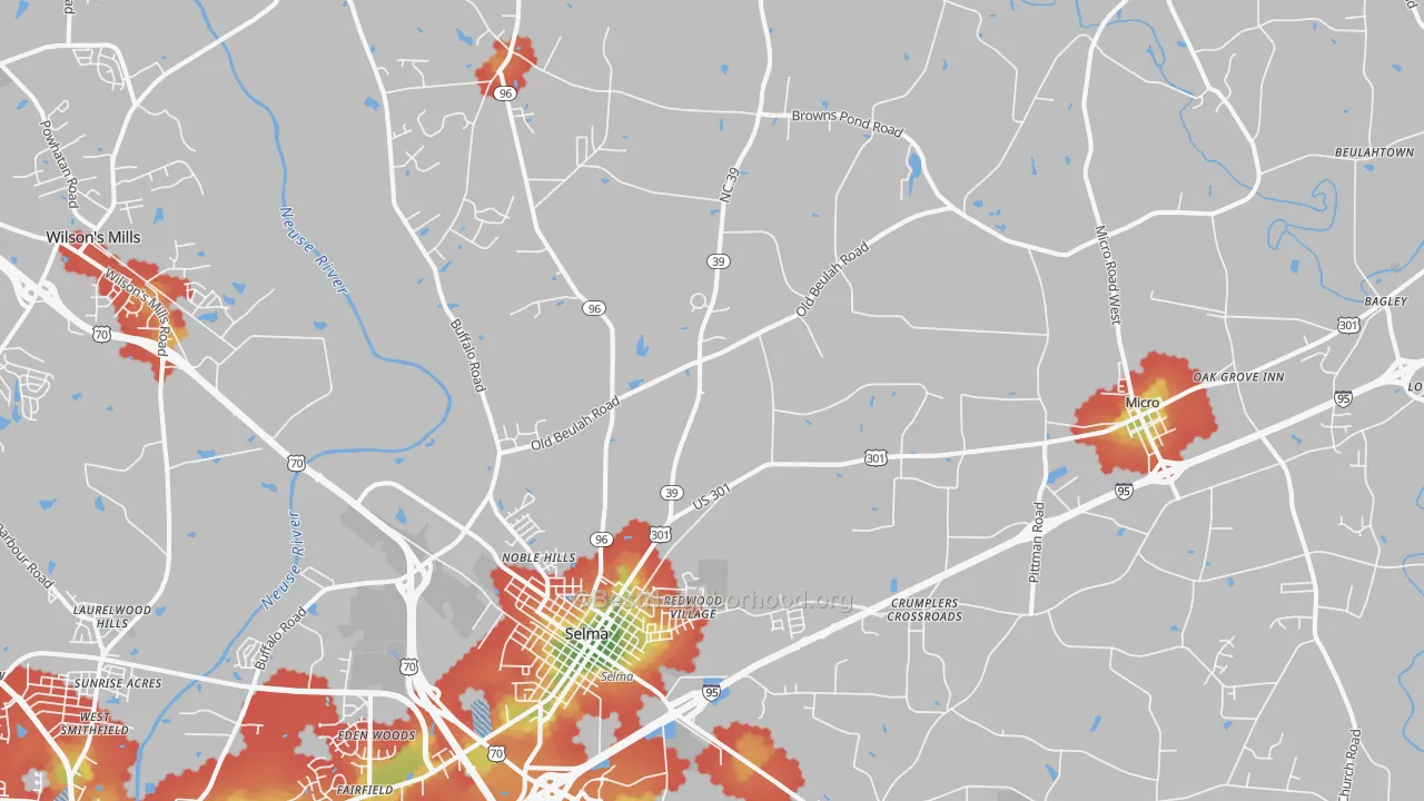 Walk Grade map of 27576, NC, walkable areas in green and car-dependent areas in red