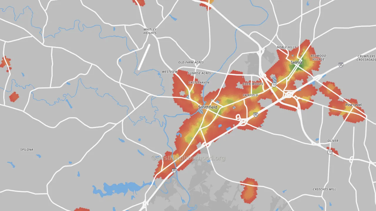 Walk Grade map of 27577, NC, walkable areas in green and car-dependent areas in red
