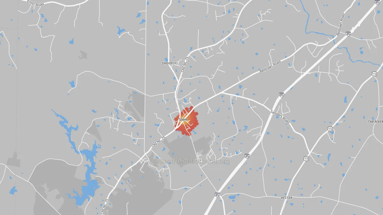 Walk Grade map of 27581, NC, walkable areas in green and car-dependent areas in red