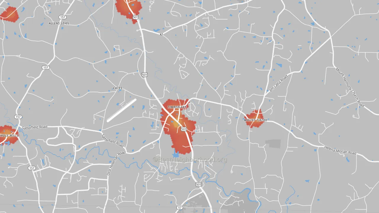 Walk Grade map of 27583, NC, walkable areas in green and car-dependent areas in red