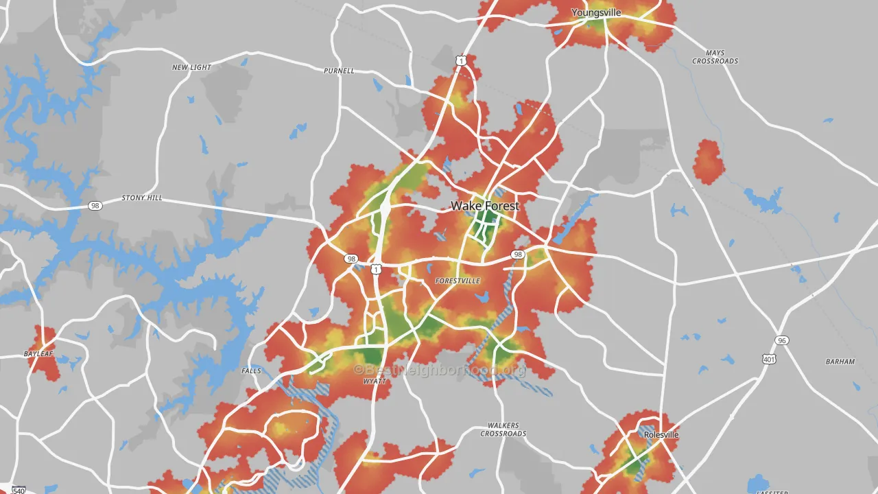 Walk Grade map of 27587, NC, walkable areas in green and car-dependent areas in red