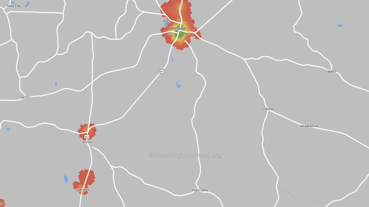 Walk Grade map of 27589, NC, walkable areas in green and car-dependent areas in red