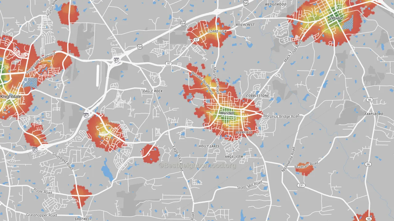 Walk Grade map of 27591, NC, walkable areas in green and car-dependent areas in red