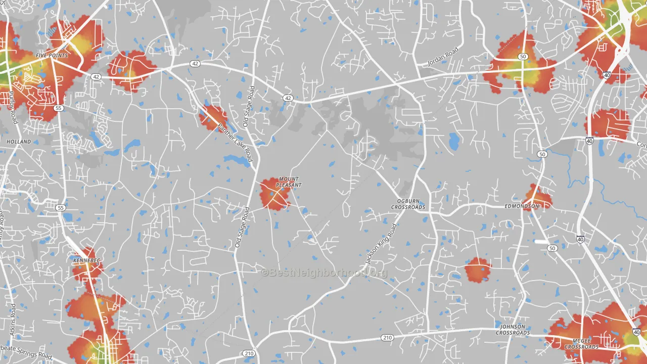 Walk Grade map of 27592, NC, walkable areas in green and car-dependent areas in red