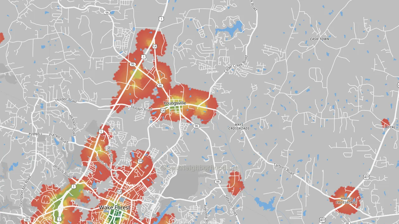 Walk Grade map of 27596, NC, walkable areas in green and car-dependent areas in red