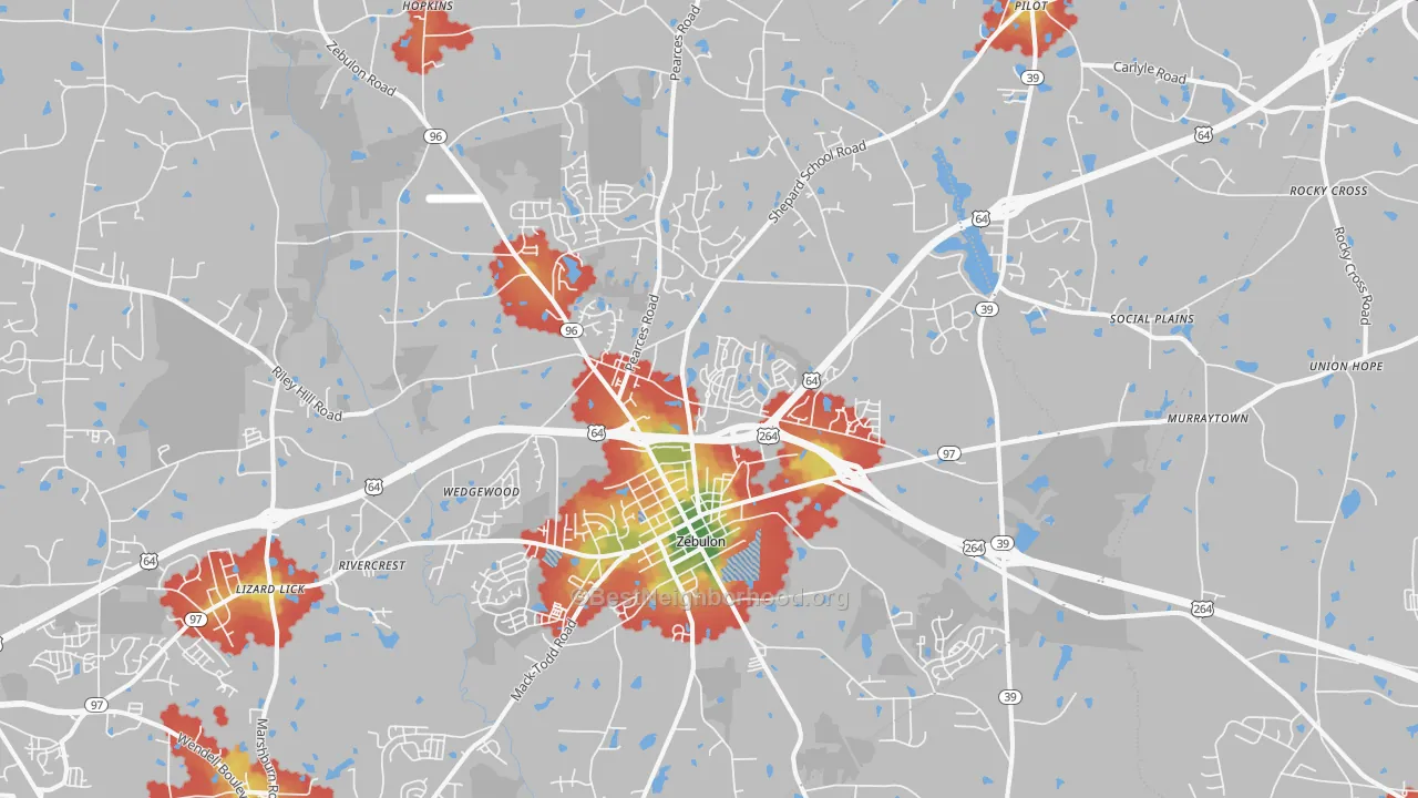 Walk Grade map of 27597, NC, walkable areas in green and car-dependent areas in red