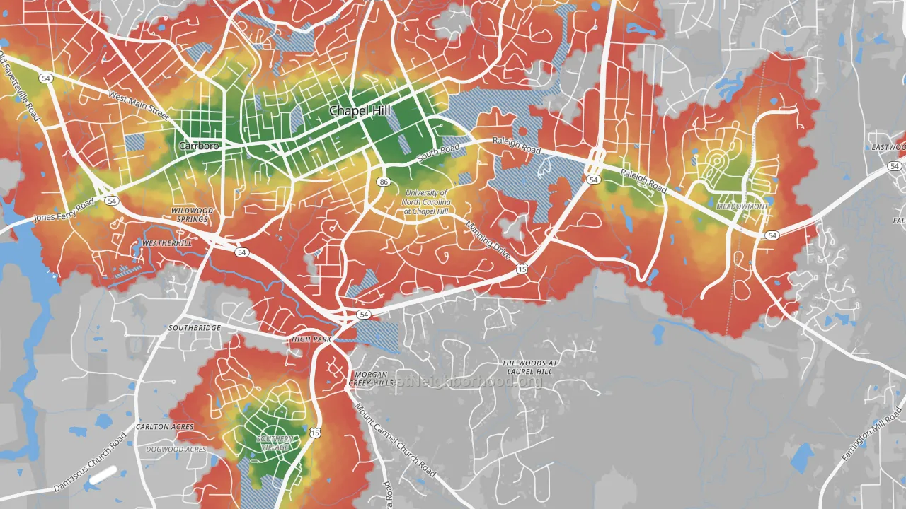 Walk Grade map of 27599, NC, walkable areas in green and car-dependent areas in red