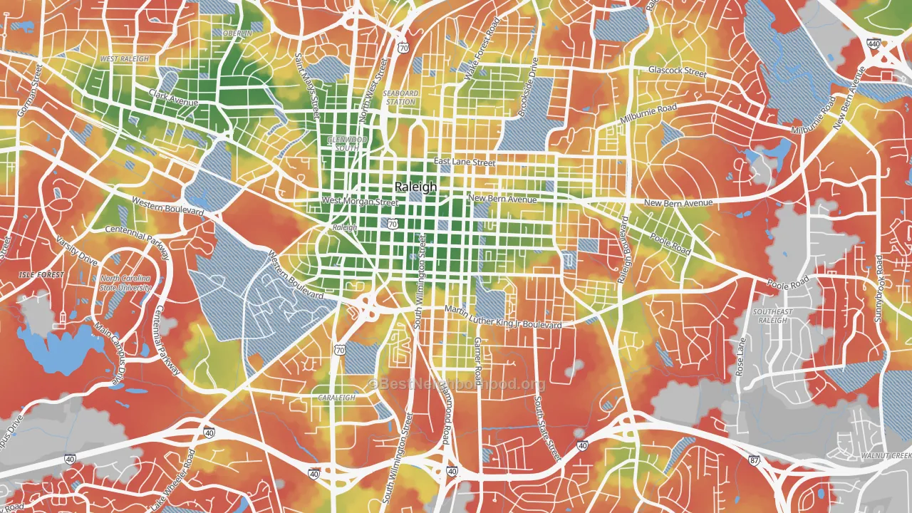 Walk Grade map of 27601, NC, walkable areas in green and car-dependent areas in red