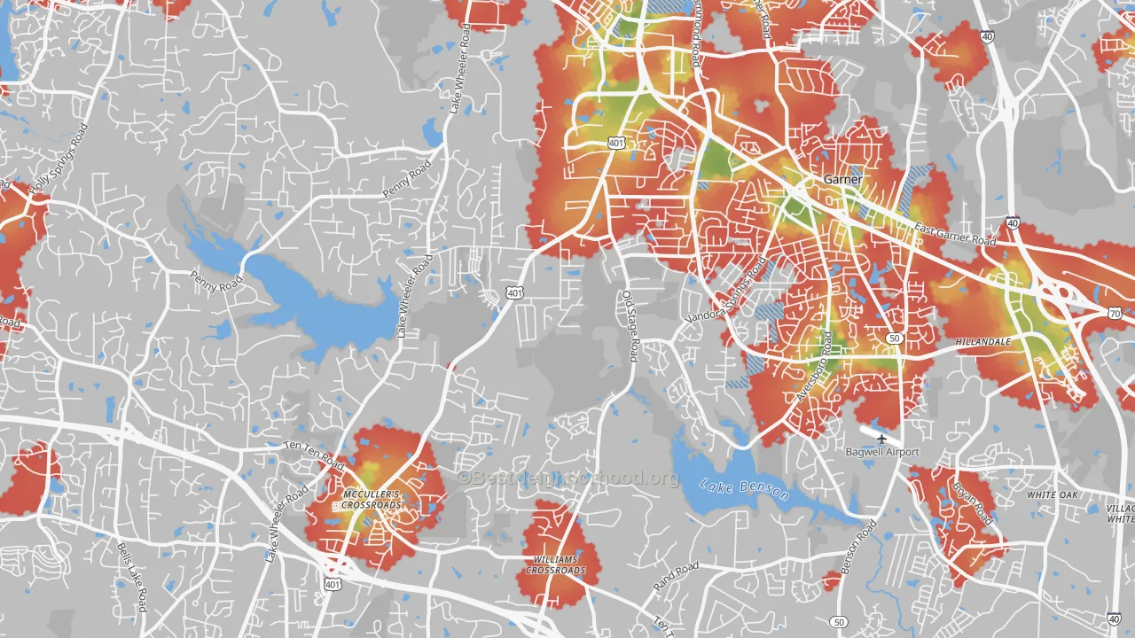 Walk Grade map of 27603, NC, walkable areas in green and car-dependent areas in red