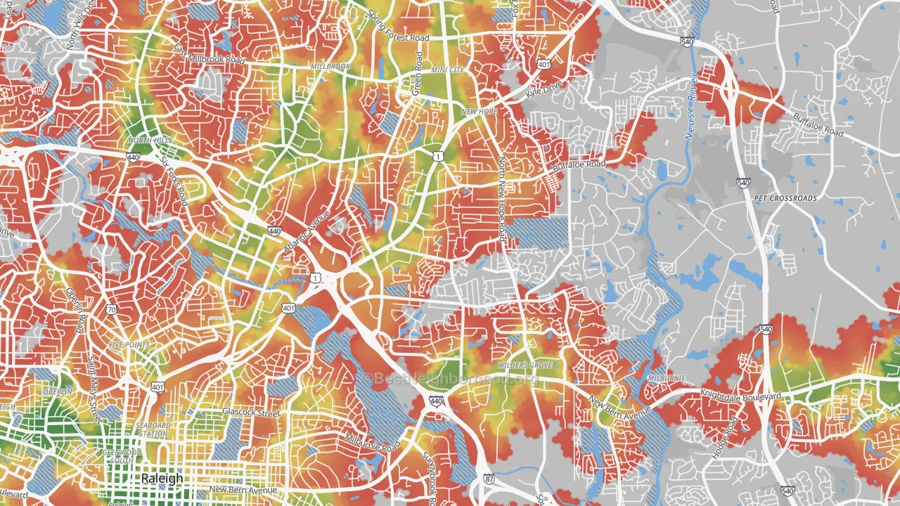 Walk Grade map of 27604, NC, walkable areas in green and car-dependent areas in red