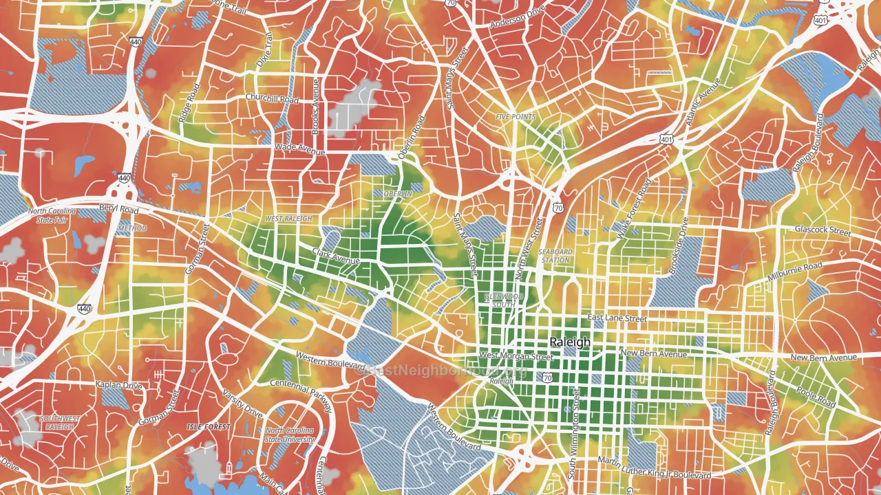 Walk Grade map of 27605, NC, walkable areas in green and car-dependent areas in red