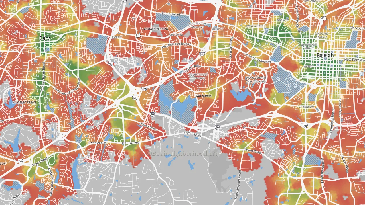 Walk Grade map of 27606, NC, walkable areas in green and car-dependent areas in red