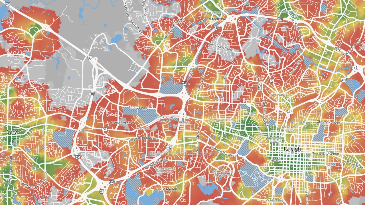 Walk Grade map of 27607, NC, walkable areas in green and car-dependent areas in red