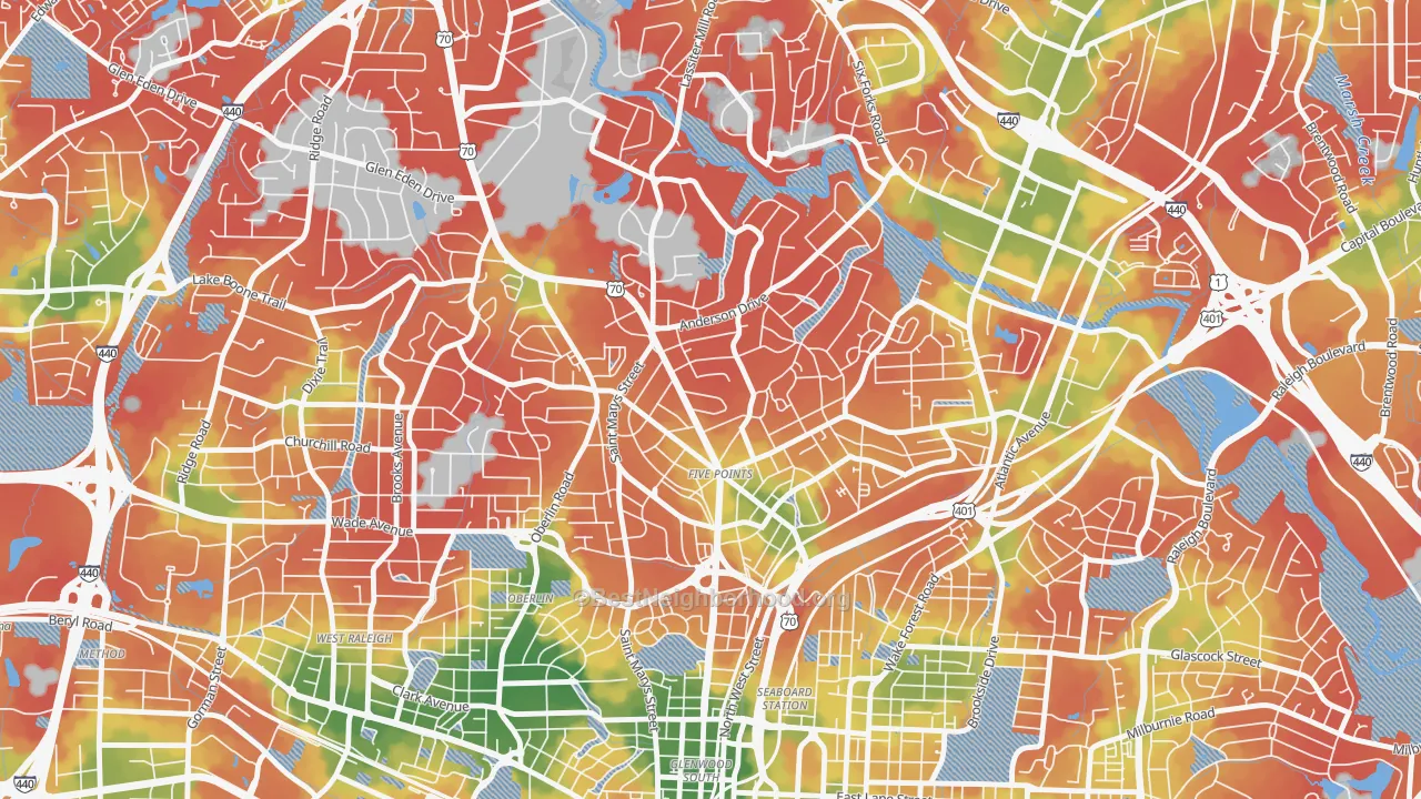 Walk Grade map of 27608, NC, walkable areas in green and car-dependent areas in red