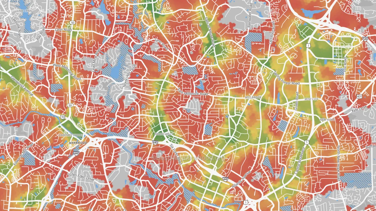 Walk Grade map of 27609, NC, walkable areas in green and car-dependent areas in red