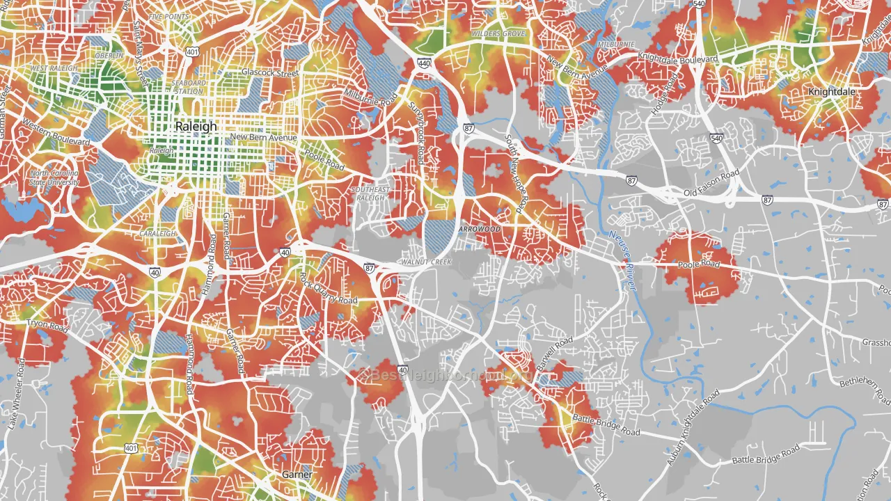 Walk Grade map of 27610, NC, walkable areas in green and car-dependent areas in red