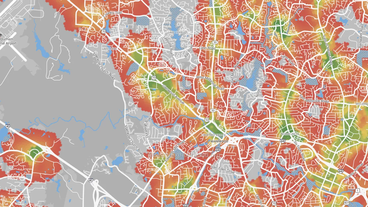 Walk Grade map of 27612, NC, walkable areas in green and car-dependent areas in red