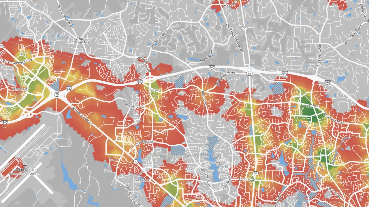 Walk Grade map of 27613, NC, walkable areas in green and car-dependent areas in red