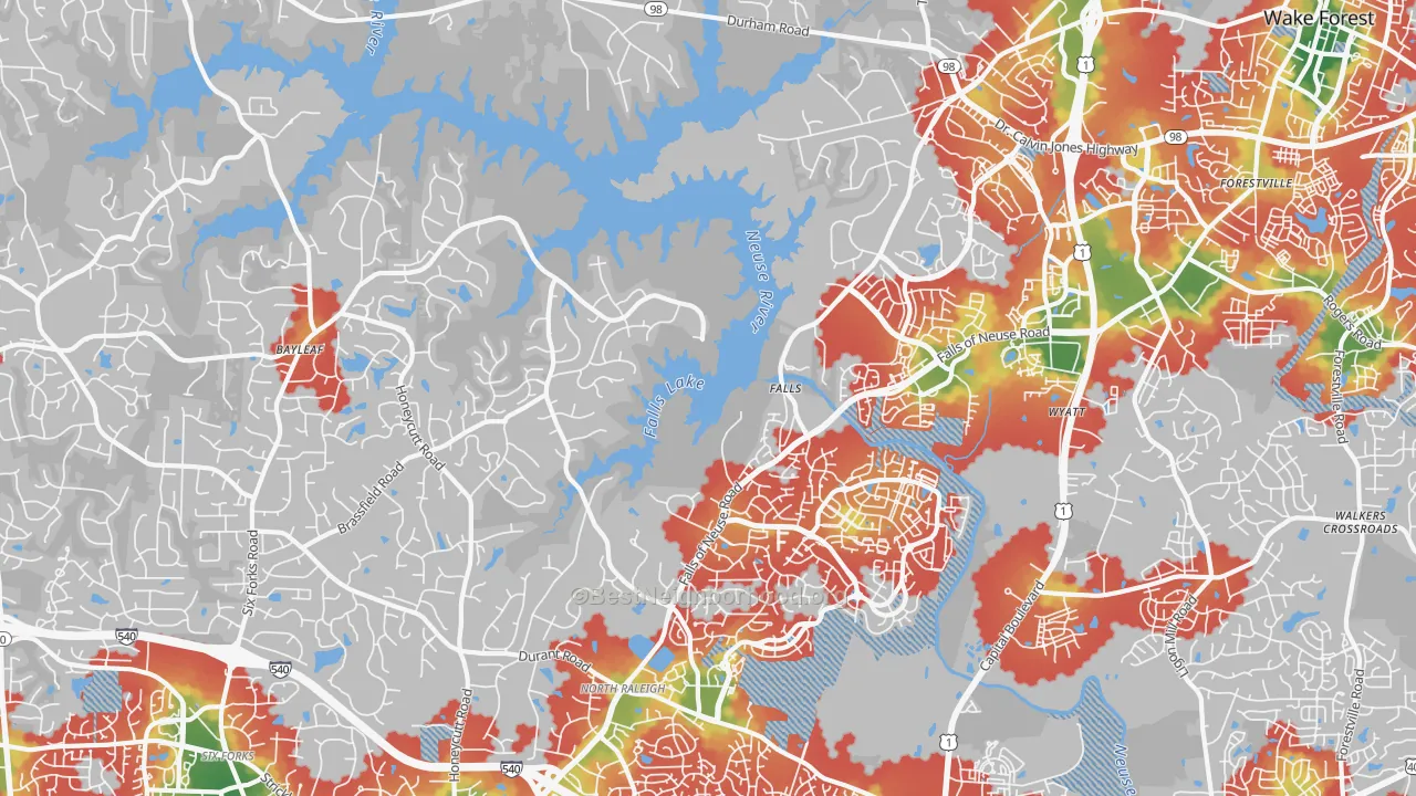 Walk Grade map of 27614, NC, walkable areas in green and car-dependent areas in red