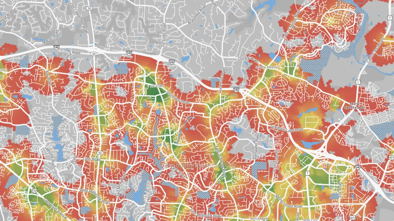 Walk Grade map of 27615, NC, walkable areas in green and car-dependent areas in red
