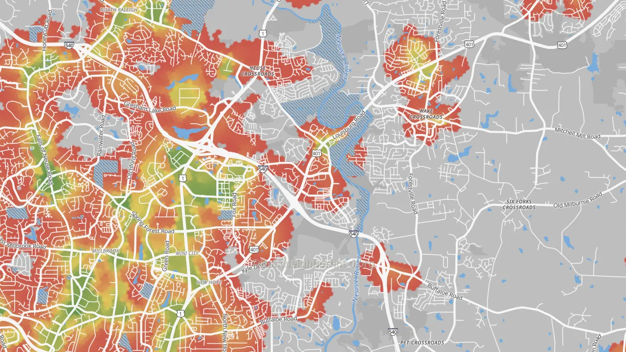Walk Grade map of 27616, NC, walkable areas in green and car-dependent areas in red