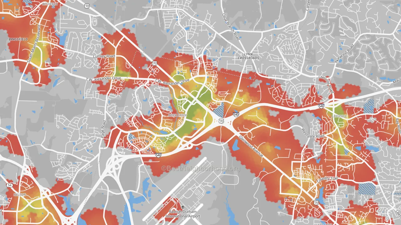 Walk Grade map of 27617, NC, walkable areas in green and car-dependent areas in red