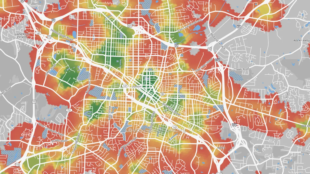 Walk Grade map of 27701, NC, walkable areas in green and car-dependent areas in red