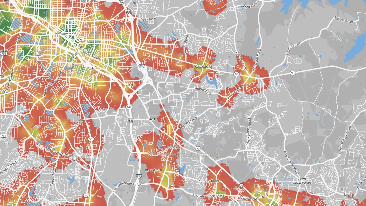 Walk Grade map of 27703, NC, walkable areas in green and car-dependent areas in red