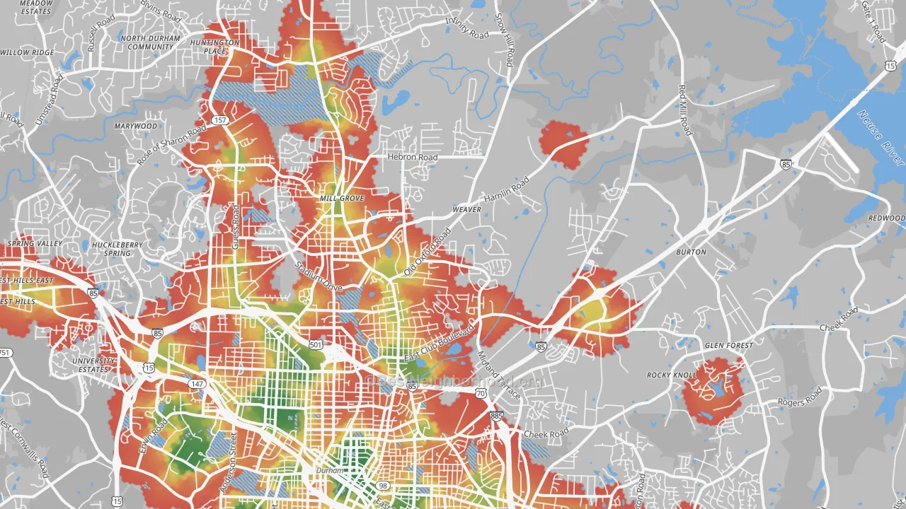 Walk Grade map of 27704, NC, walkable areas in green and car-dependent areas in red