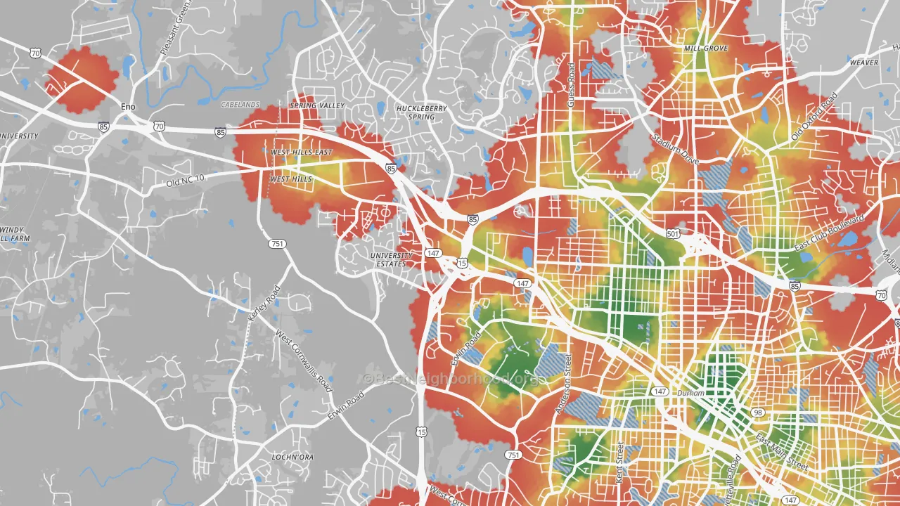 Walk Grade map of 27705, NC, walkable areas in green and car-dependent areas in red