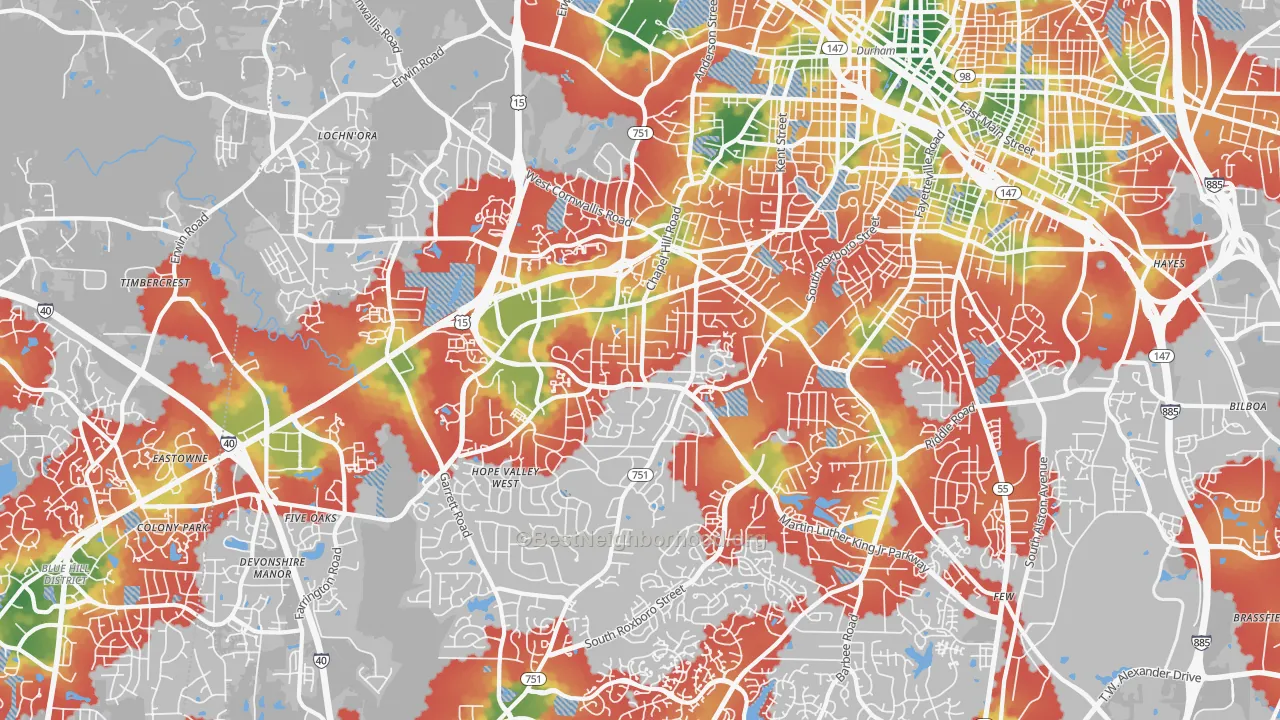 Walk Grade map of 27707, NC, walkable areas in green and car-dependent areas in red
