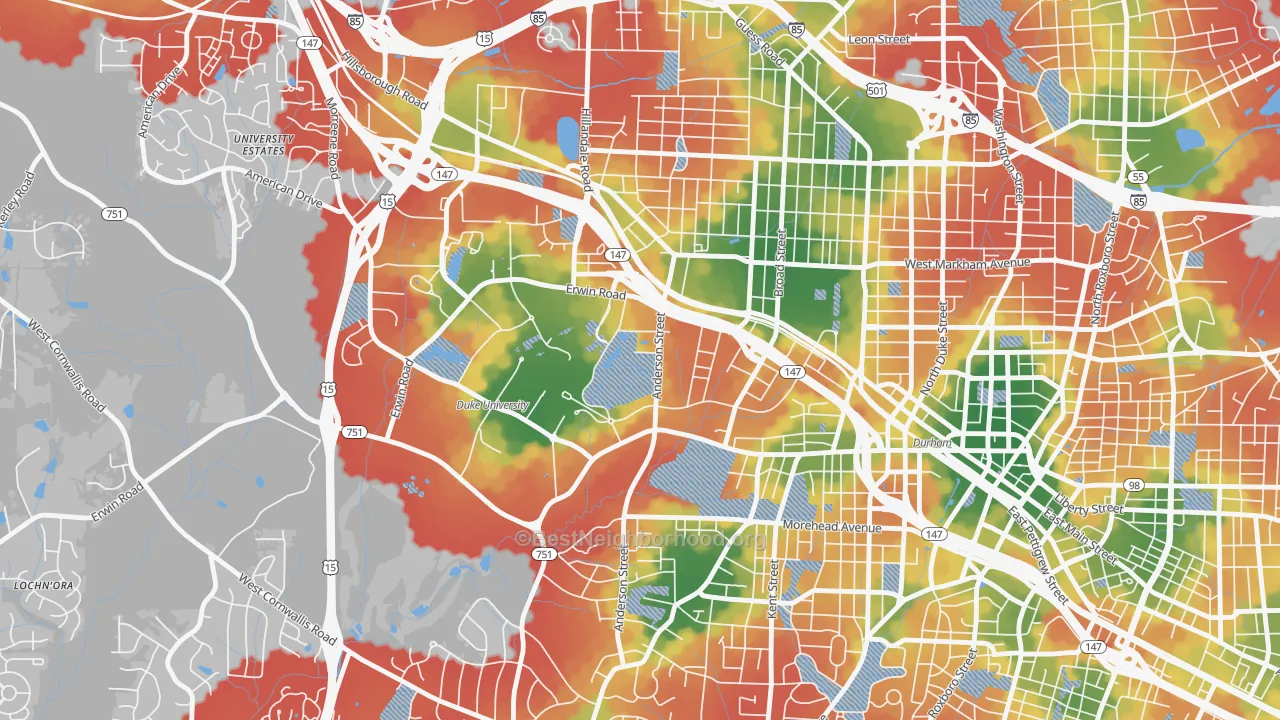 Walk Grade map of 27708, NC, walkable areas in green and car-dependent areas in red