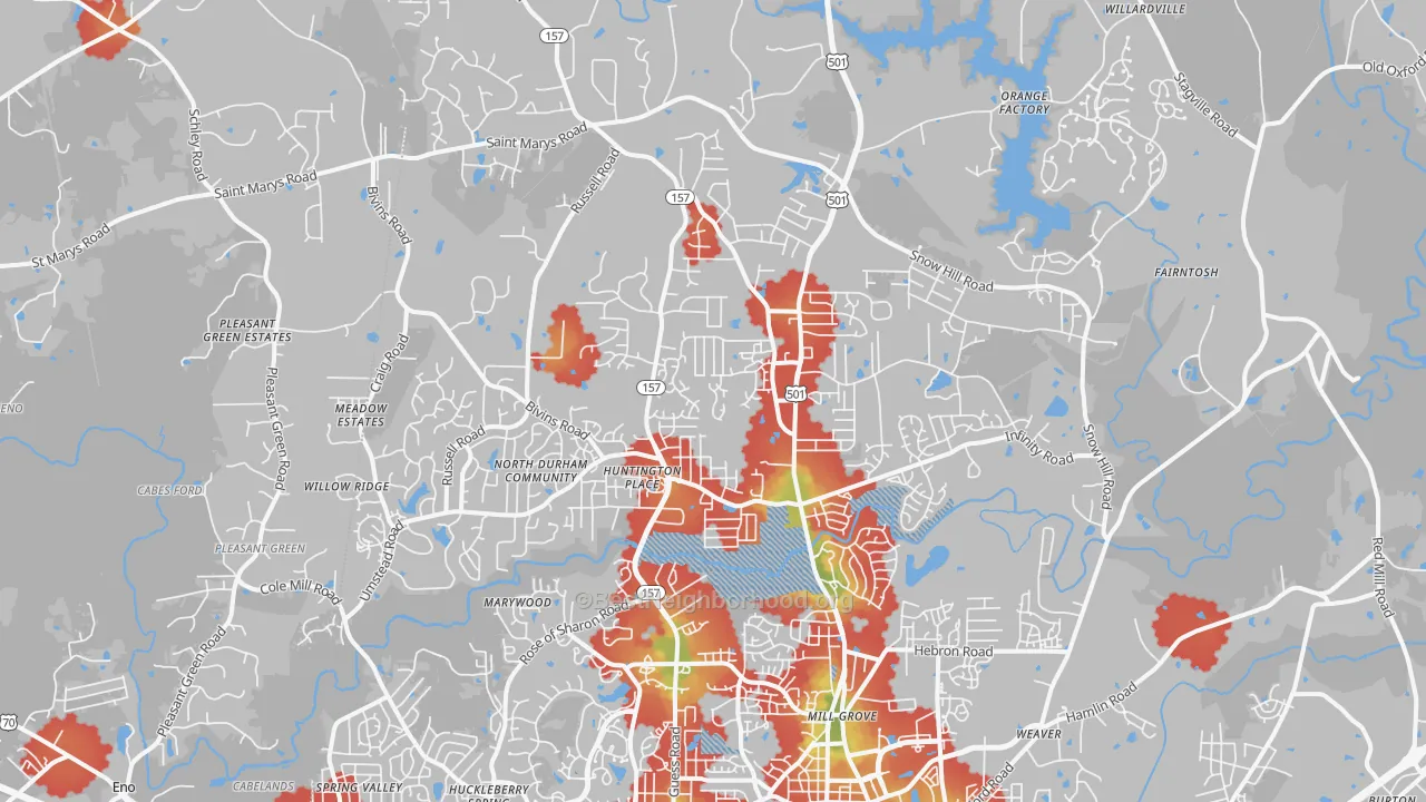 Walk Grade map of 27712, NC, walkable areas in green and car-dependent areas in red