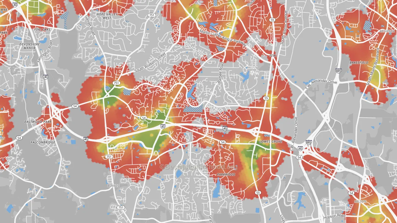 Walk Grade map of 27713, NC, walkable areas in green and car-dependent areas in red