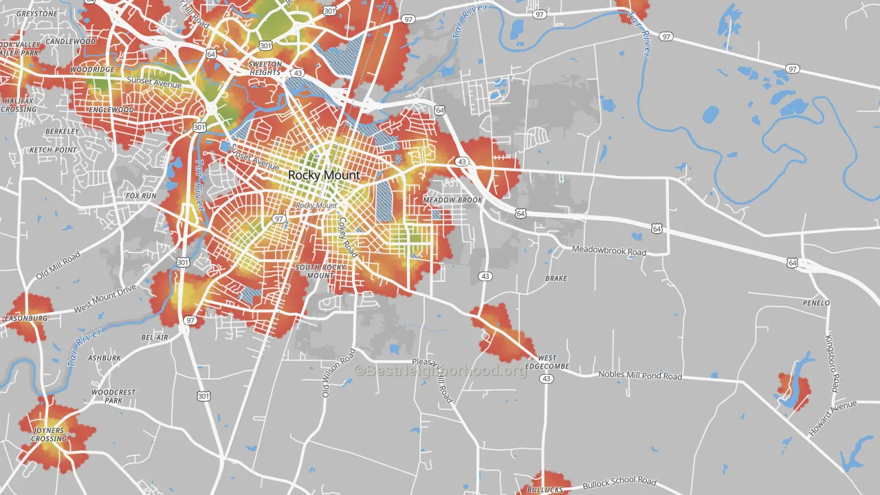 Walk Grade map of 27801, NC, walkable areas in green and car-dependent areas in red