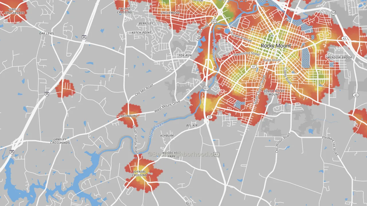 Walk Grade map of 27803, NC, walkable areas in green and car-dependent areas in red