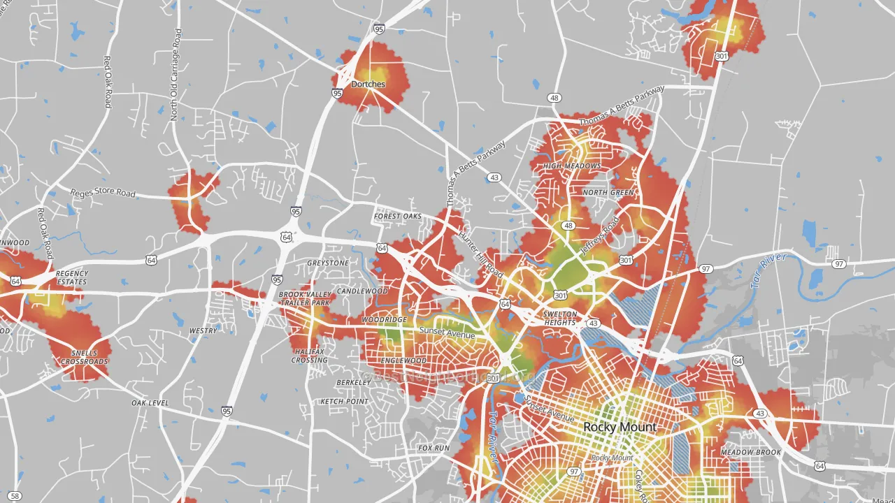 Walk Grade map of 27804, NC, walkable areas in green and car-dependent areas in red