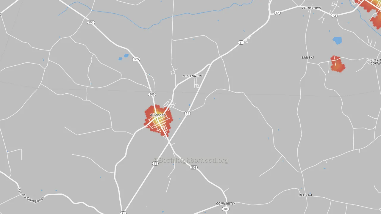Walk Grade map of 27805, NC, walkable areas in green and car-dependent areas in red