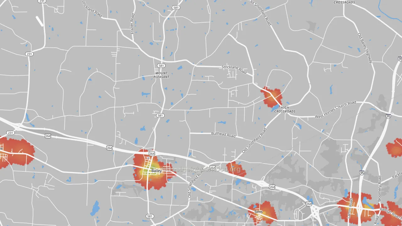 Walk Grade map of 27807, NC, walkable areas in green and car-dependent areas in red