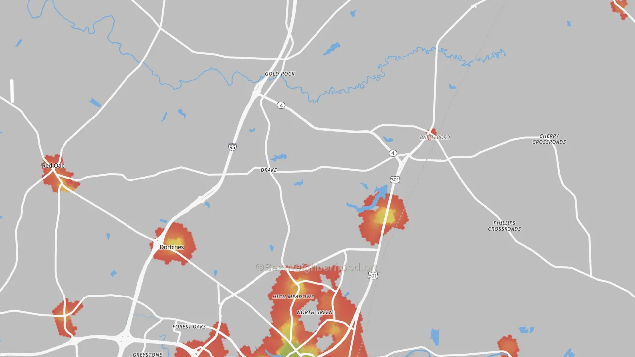 Walk Grade map of 27809, NC, walkable areas in green and car-dependent areas in red