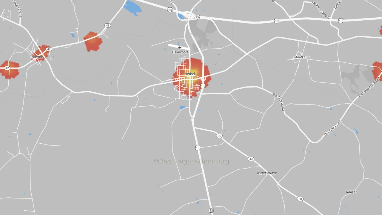 Walk Grade map of 27812, NC, walkable areas in green and car-dependent areas in red