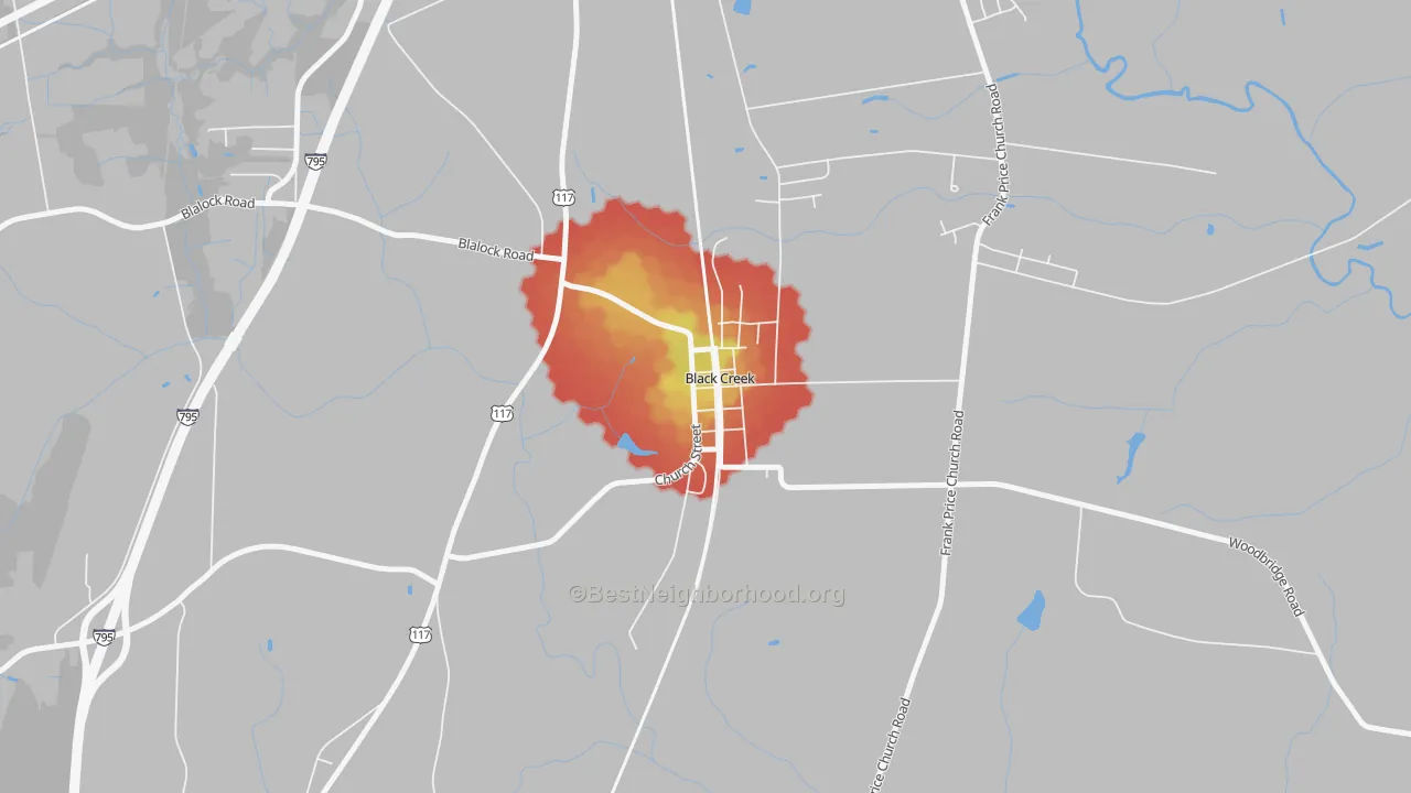 Walk Grade map of 27813, NC, walkable areas in green and car-dependent areas in red