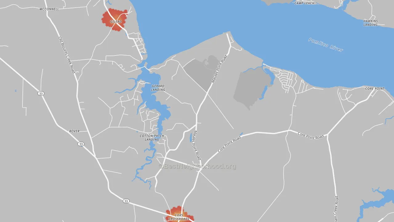 Walk Grade map of 27814, NC, walkable areas in green and car-dependent areas in red