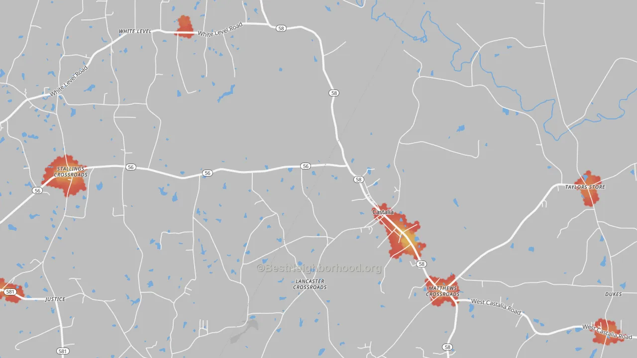 Walk Grade map of 27816, NC, walkable areas in green and car-dependent areas in red
