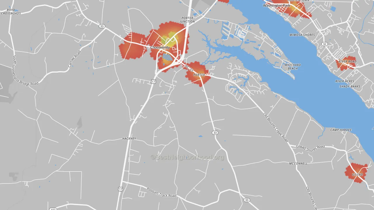 Walk Grade map of 27817, NC, walkable areas in green and car-dependent areas in red
