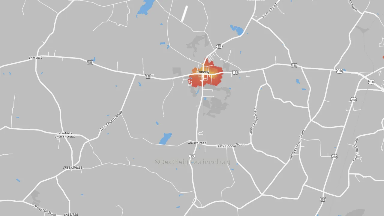 Walk Grade map of 27820, NC, walkable areas in green and car-dependent areas in red
