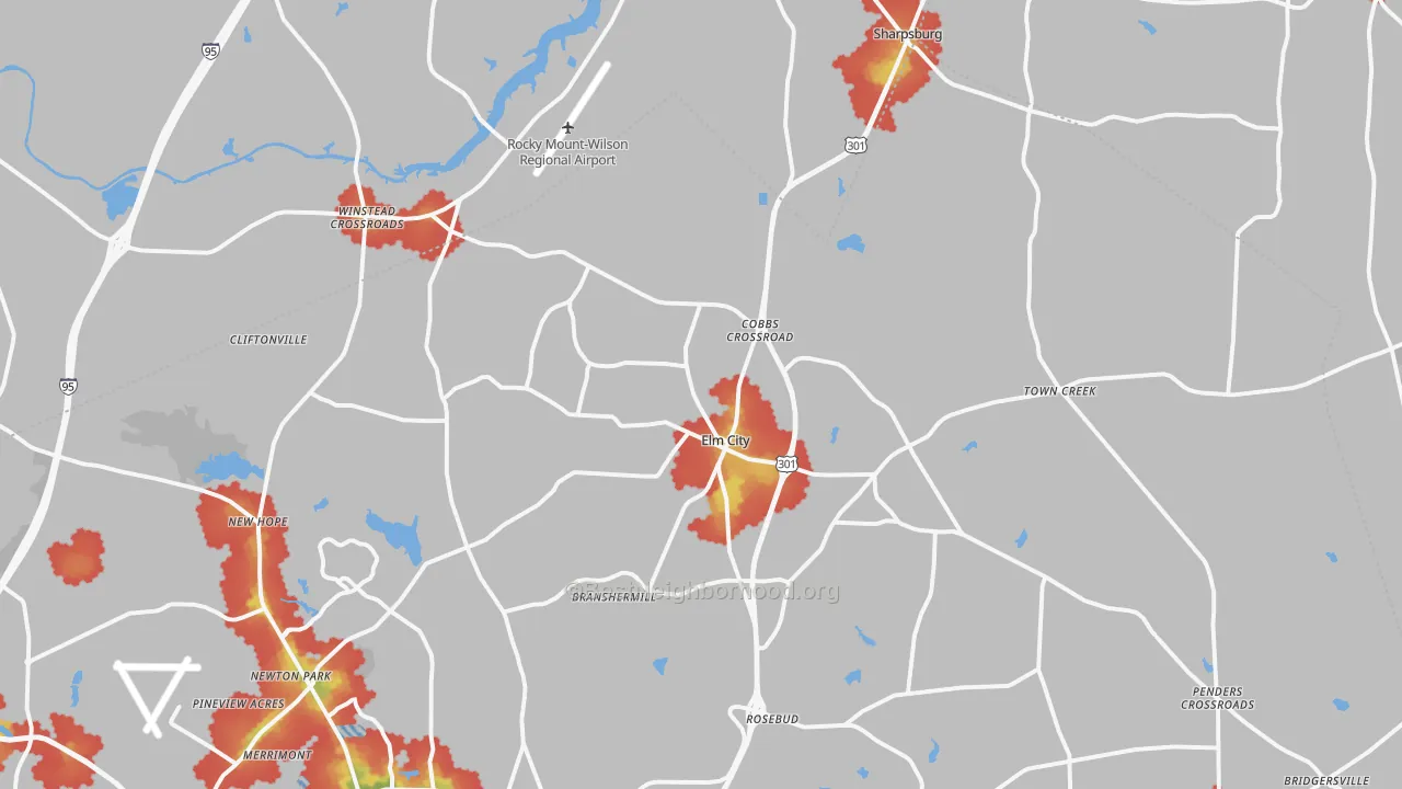 Walk Grade map of 27822, NC, walkable areas in green and car-dependent areas in red