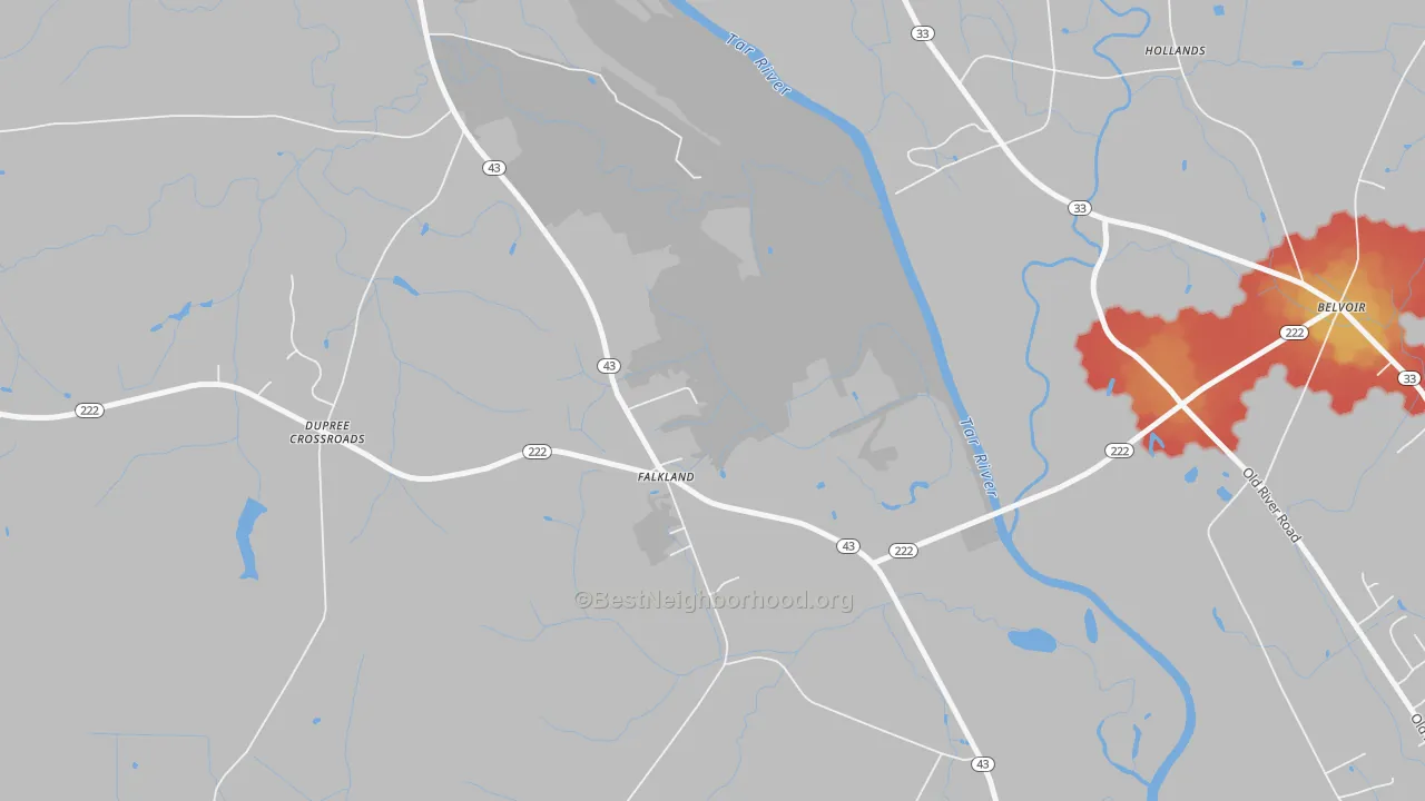 Walk Grade map of 27827, NC, walkable areas in green and car-dependent areas in red
