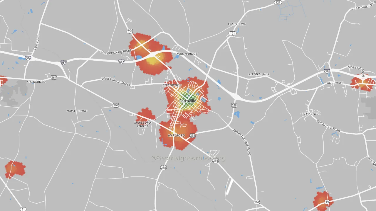 Walk Grade map of 27828, NC, walkable areas in green and car-dependent areas in red